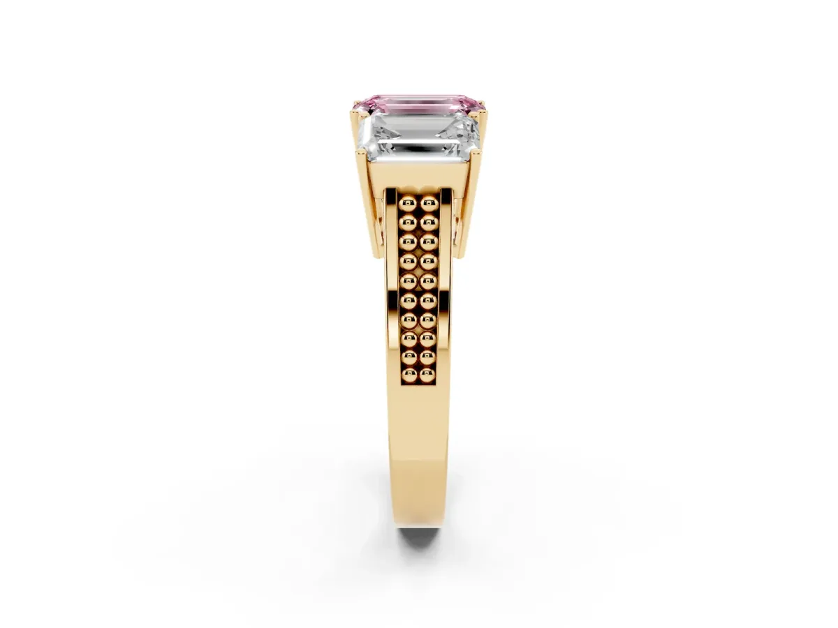 Fancy Pink Emerald Cut Diamond Three-Stone Ring with Prong Setting and Textured Band Yellow gold