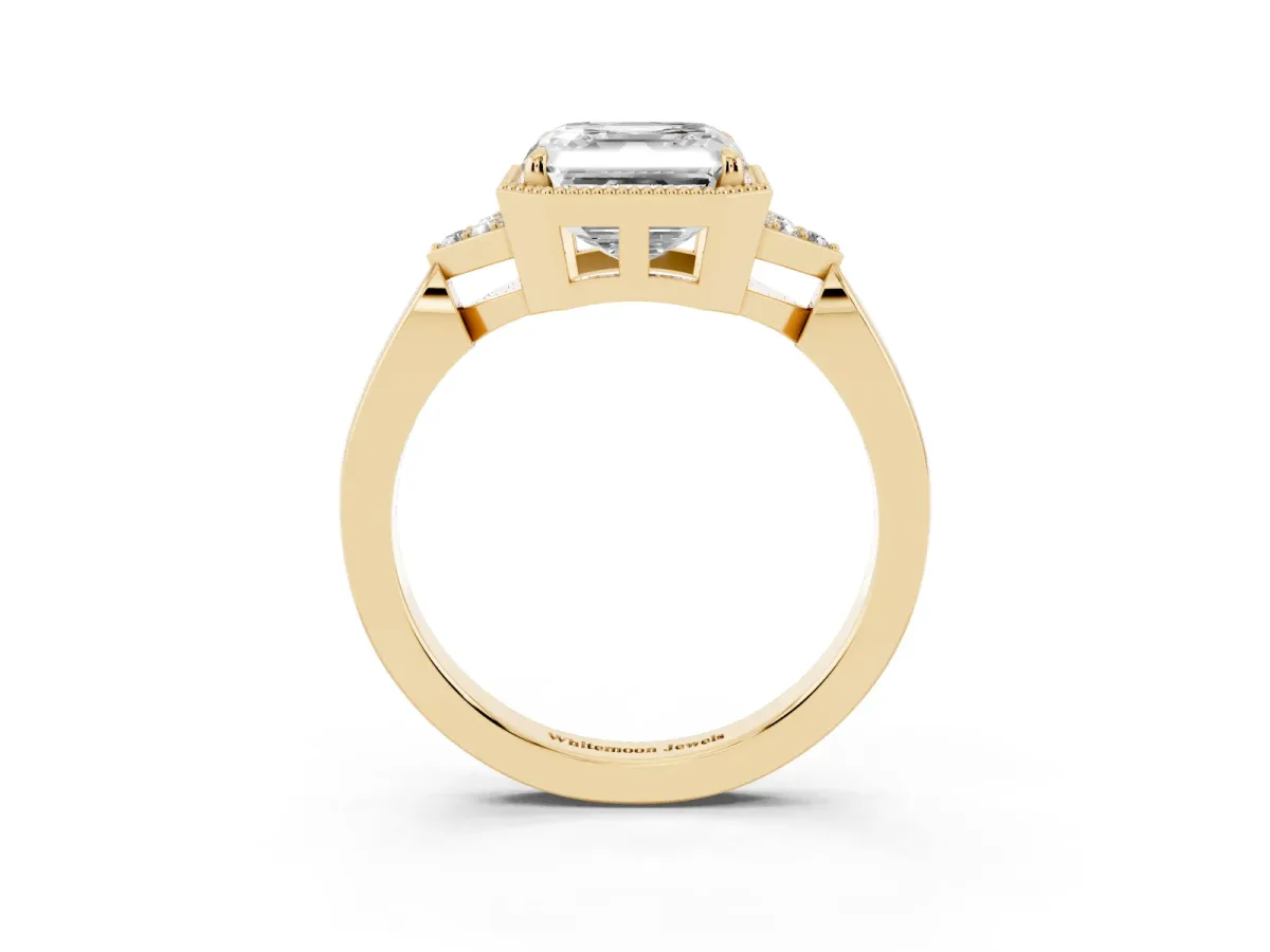 Milgrain Asscher Cut Cut Diamond Ring with Tapered Pave Band and Four Prong Setting Yellow gold