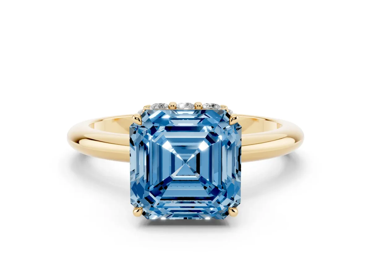 Fancy Blue Asscher Cut Brilliant Solitaire Engagement Ring with Six-Prong Setting and Classic Band Yellow gold