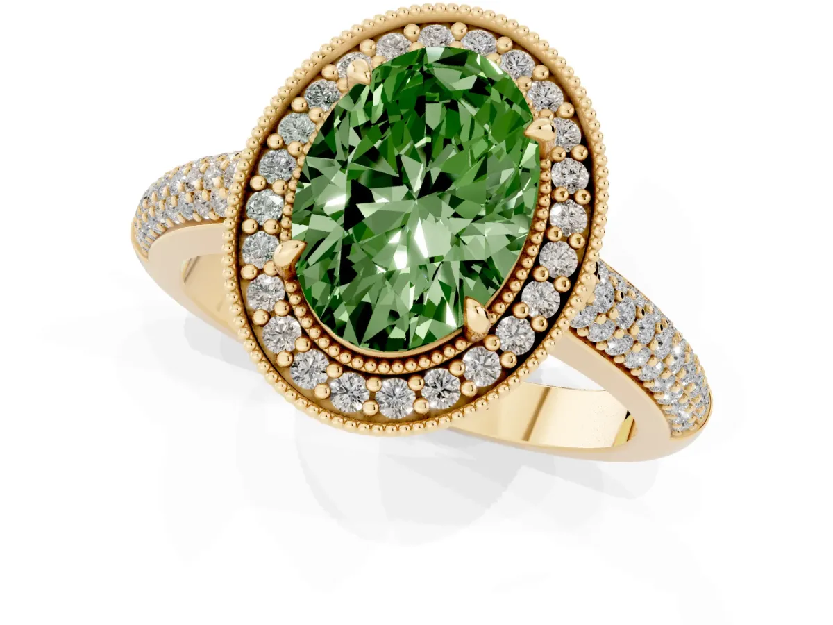 Fancy Green Oval Cut Cut Halo Diamond Pave Band with Four-Prong Setting Yellow gold