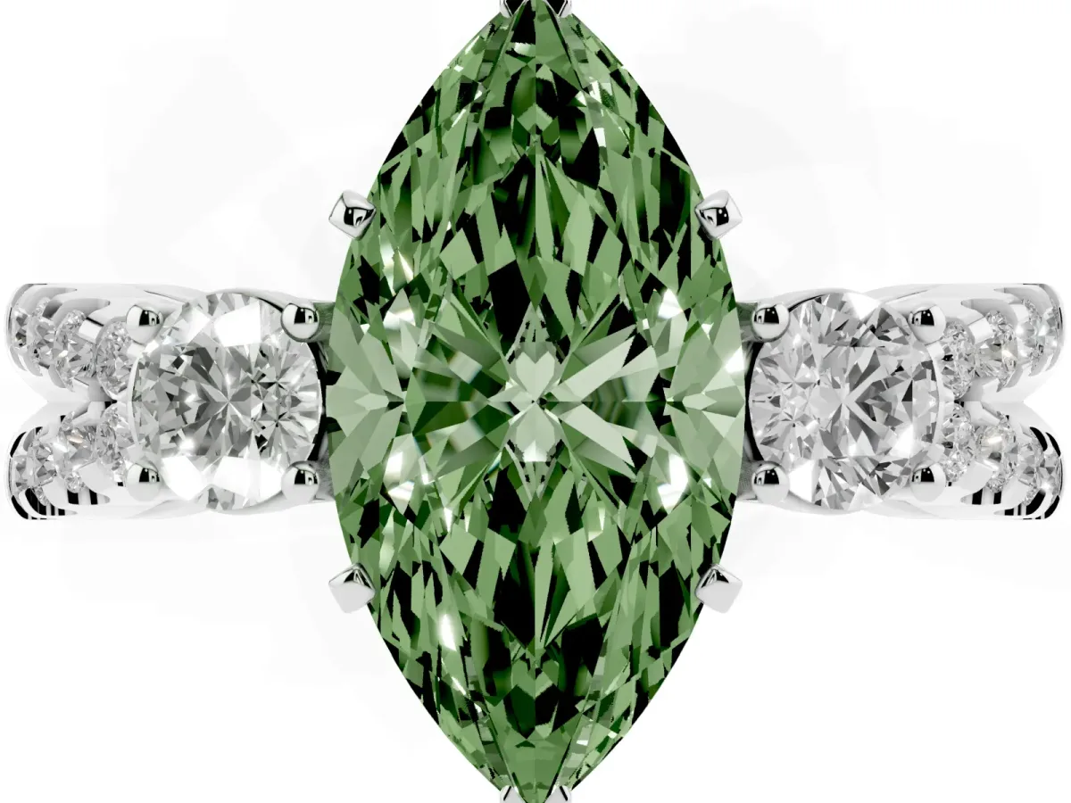 Fancy Green Marquise Cut Diamond Three-Stone Ring with Pavé Split Shank and Four-Prong Setting Silver
