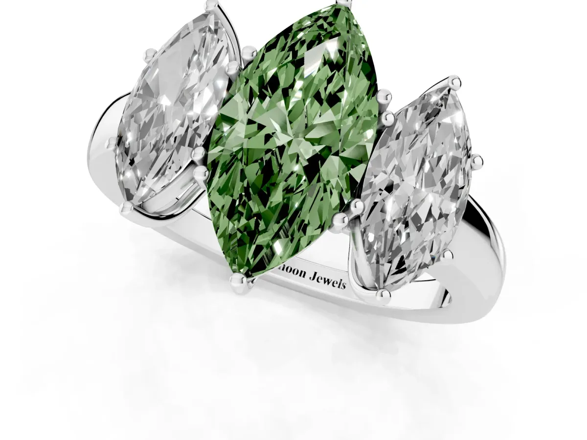 Fancy Green Marquise Cut Diamond Three-Stone Ring with Four-Prong Setting and Classic Band White gold