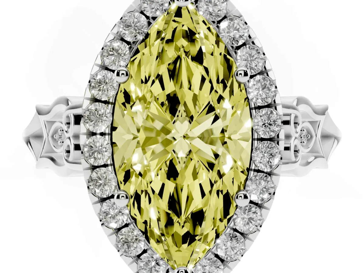 Fancy Yellow Marquise Cut Halo Diamond Engagement Ring with Filigree Band and Four-Prong Setting Platinum