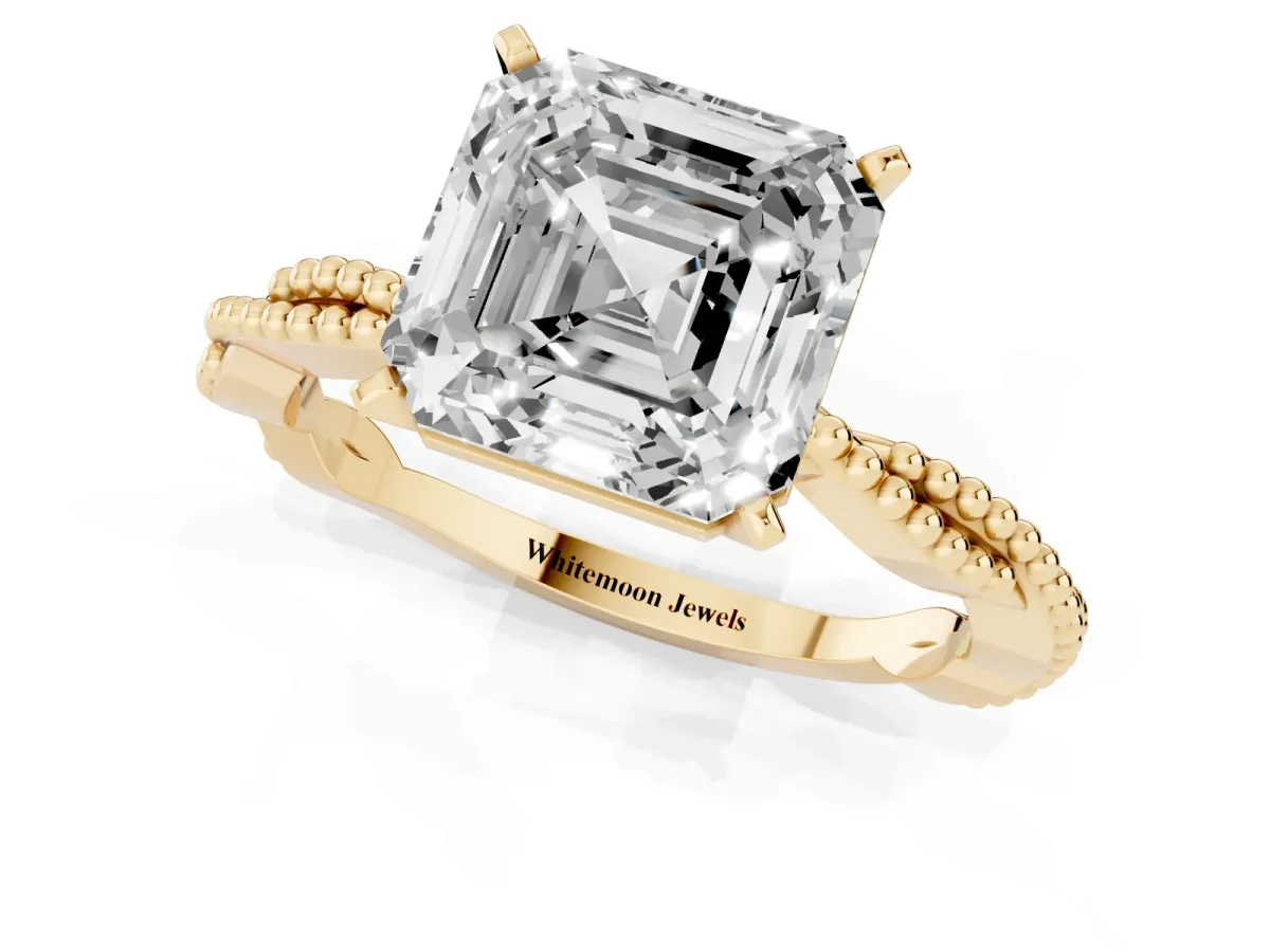 Asscher Cut Solitaire Twisted Band with Bead Prong Setting Yellow gold