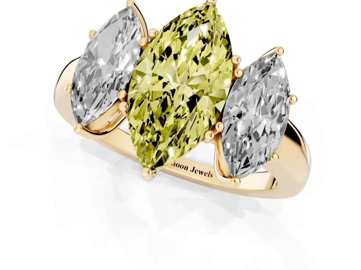 Fancy Yellow Marquise Cut Diamond Three-Stone Ring with Four-Prong Setting and Classic Band Yellow gold
