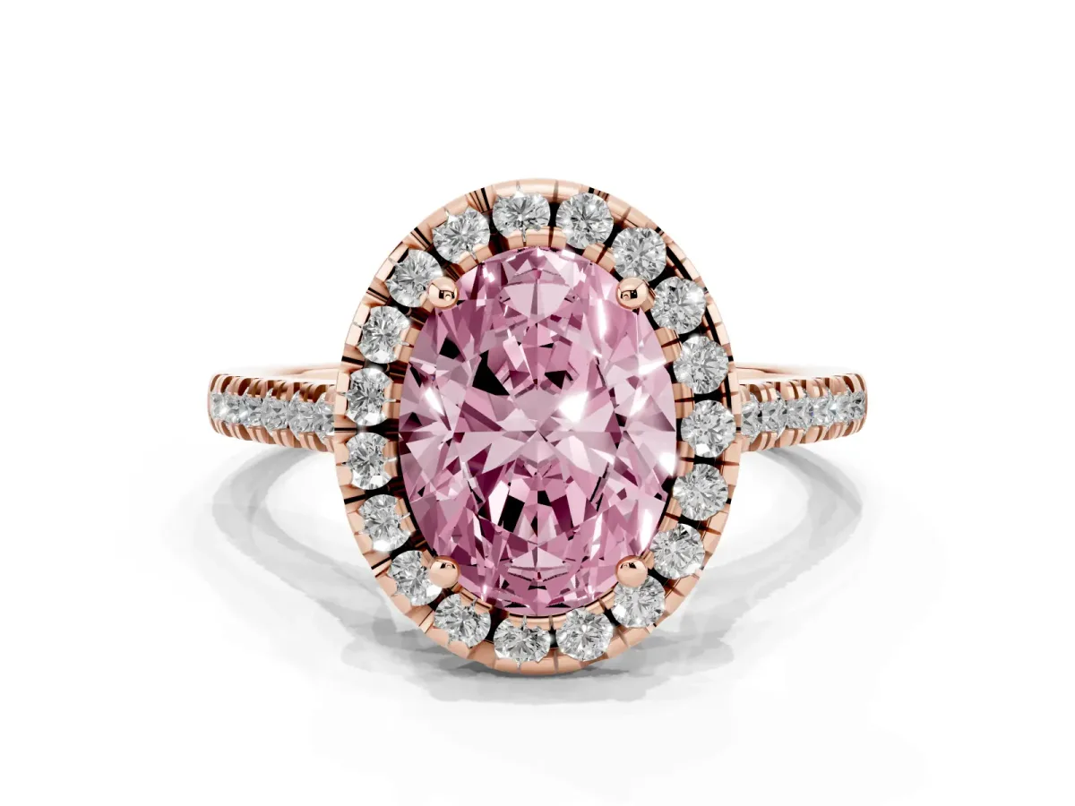 Fancy Pink Oval Cut Diamond Cushion Halo Ring with Pavé Band Rose gold