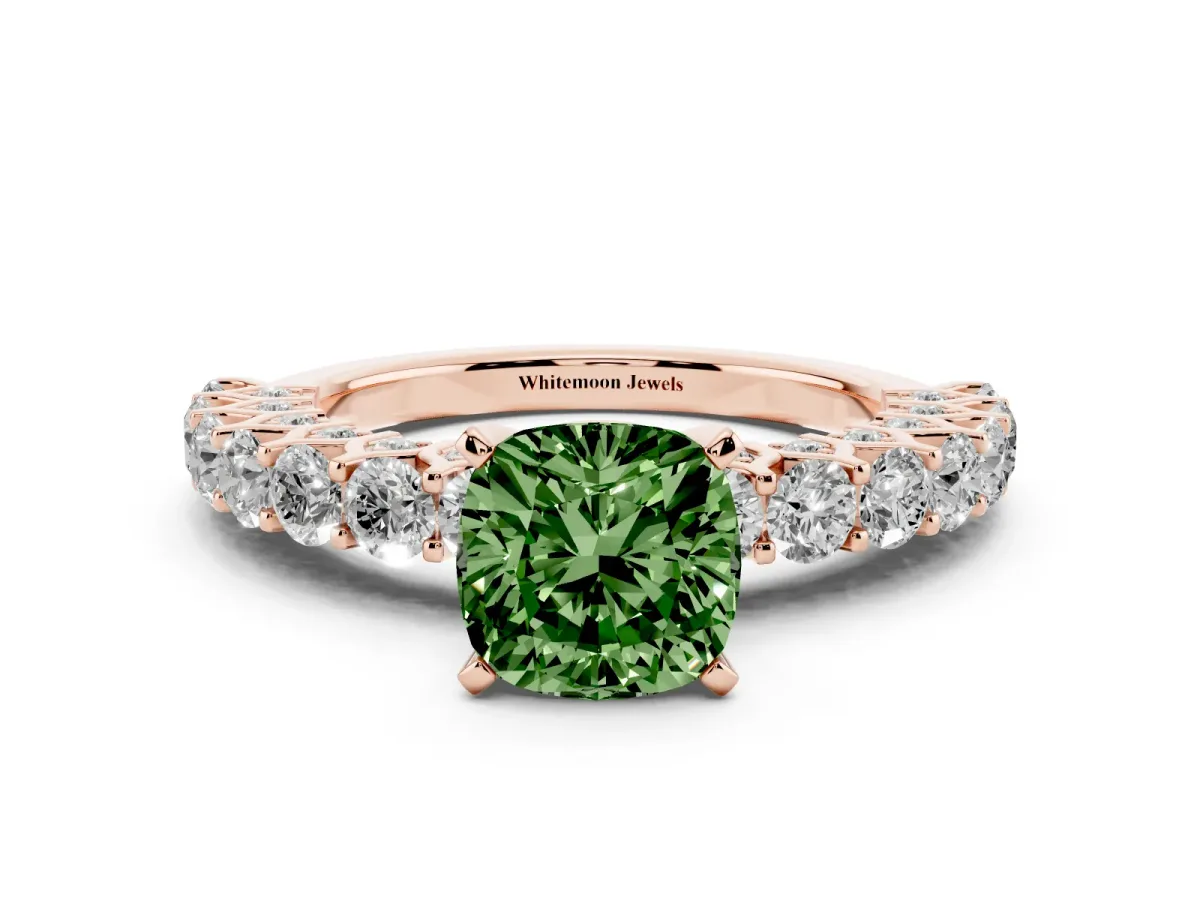 Fancy Green Cushion Cut Diamond Solitaire Ring with Shared Prong Pavé Band and Four-Prong Setting Rose gold