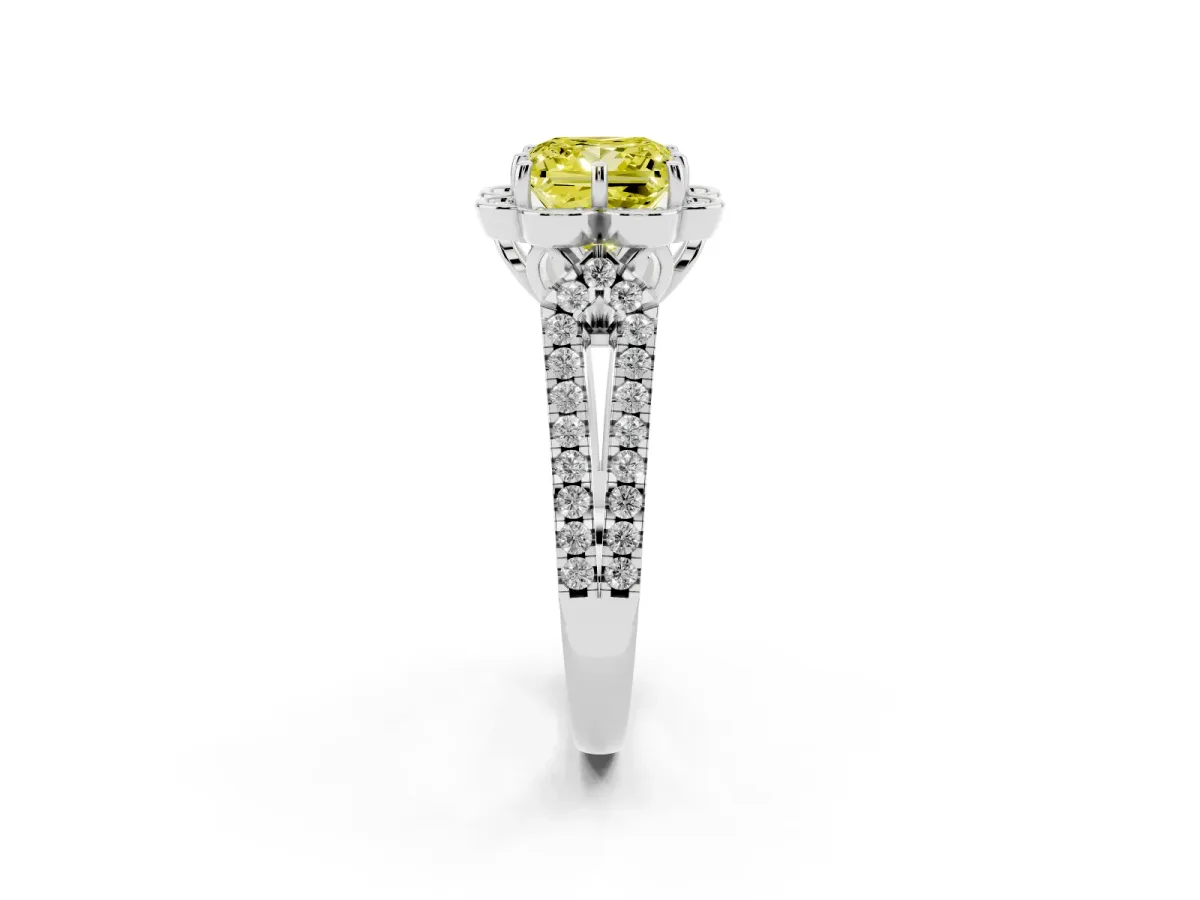Fancy Yellow Princess Cut Halo Diamond Floral Split Shank Engagement Ring Silver