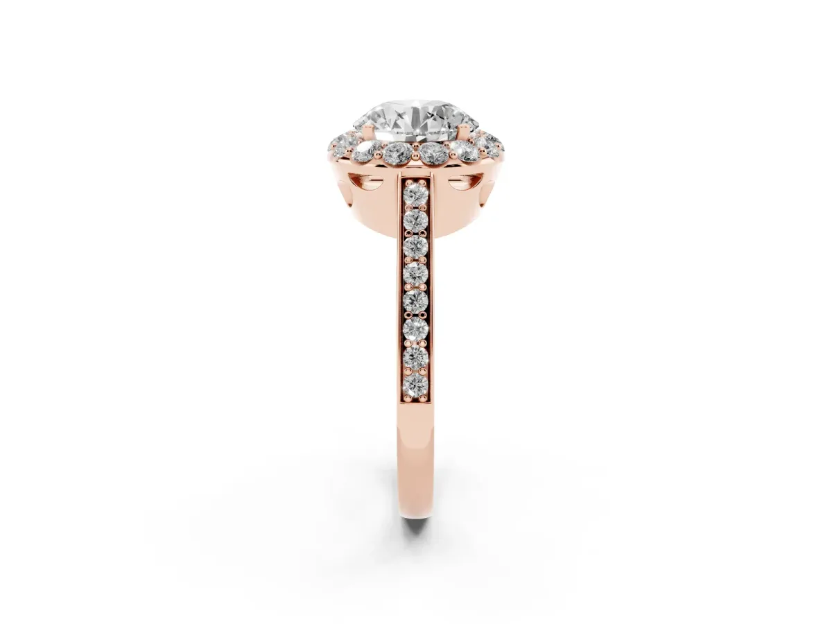 Round Cut Diamond Floral Halo Ring with Pavé Band and Prong Setting Rose gold
