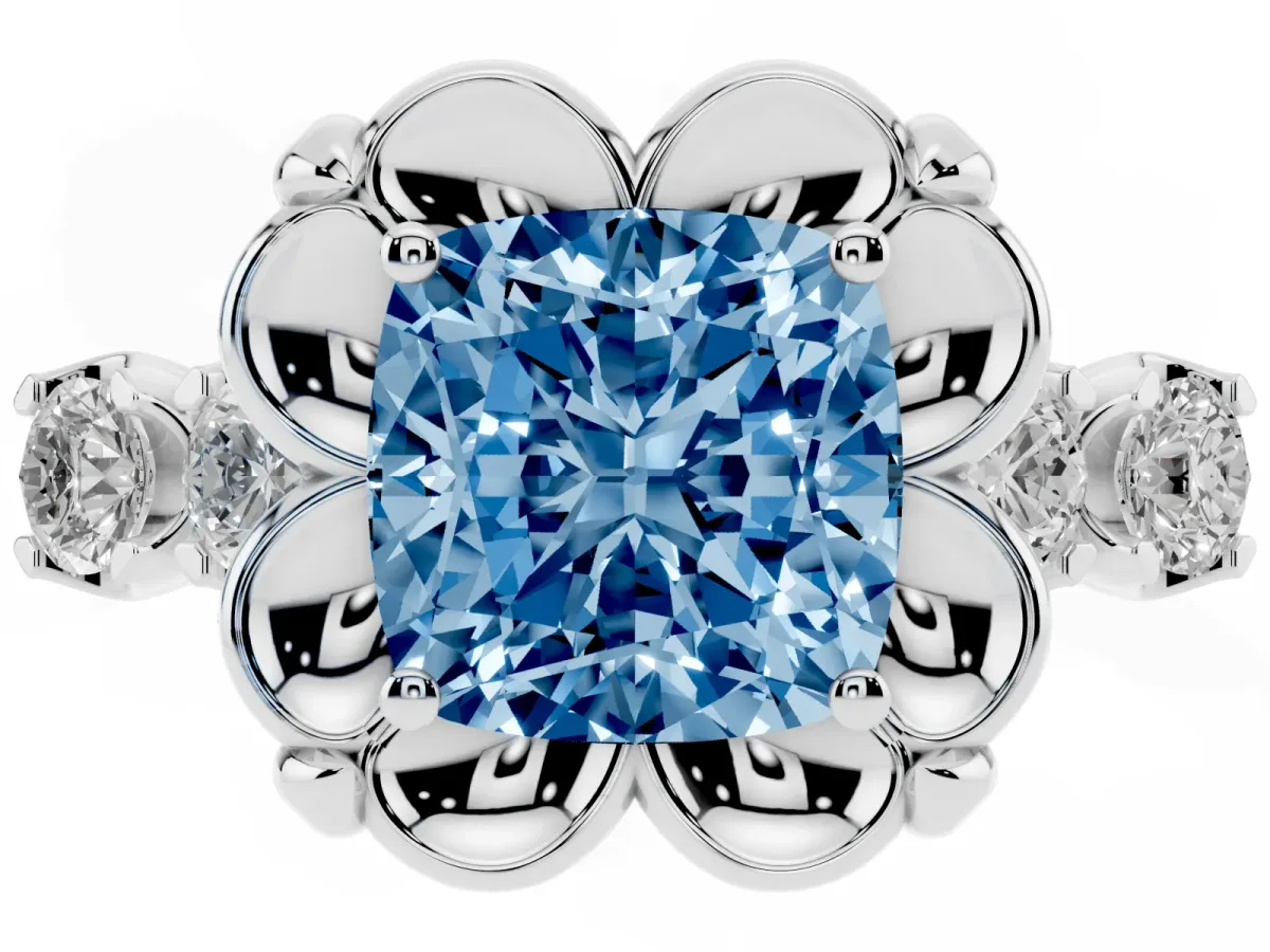 Fancy Blue Cushion Cut Cut Diamond Floral Halo Engagement Ring with Shared Prong Setting Silver