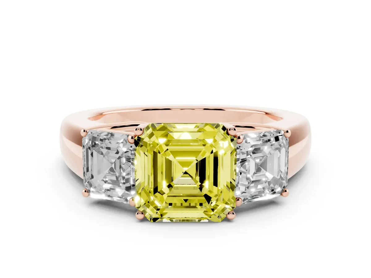 Fancy Yellow Three-Stone Asscher Cut Cut Diamond Ring with Prong Setting and Classic Band Rose gold