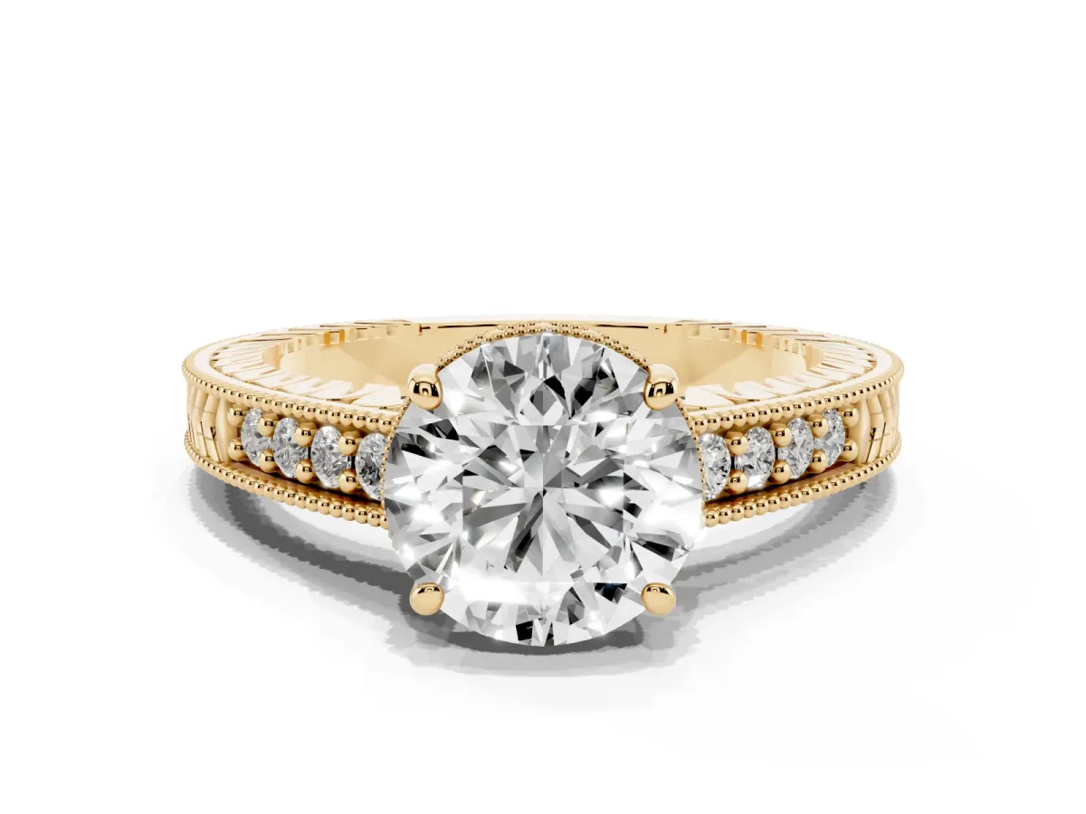 Round Cut Solitaire Pavé Diamond Milgrain Engagement Ring with Four-Prong Setting Yellow gold