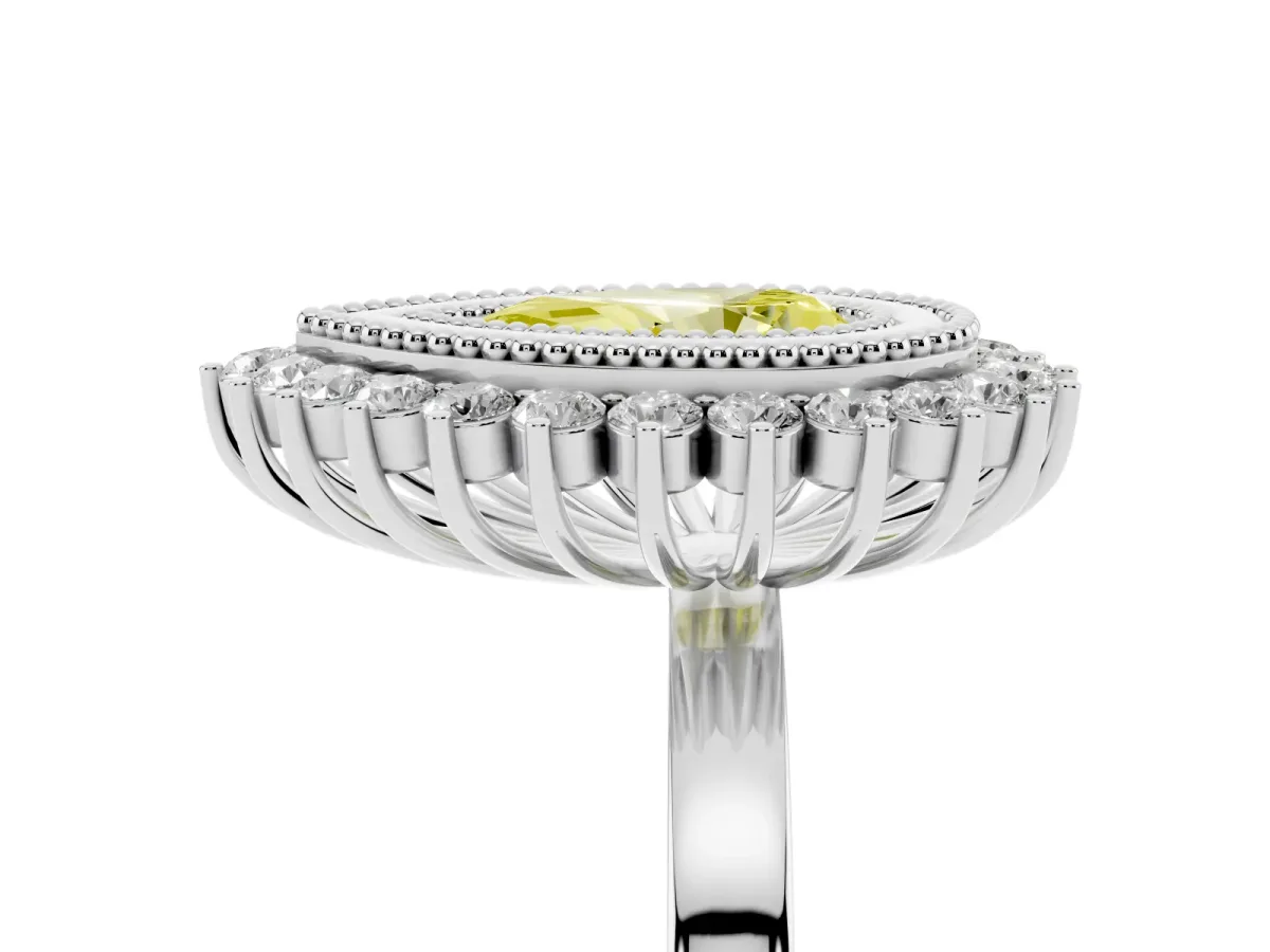 Fancy Yellow Pear Cut Halo Diamond Ring with Milgrain Edge and Round Prong Setting Silver