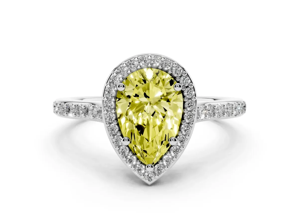 Fancy Yellow Pear Cut Diamond Halo Engagement Ring with Round Pavé Shoulders and Prong Setting White gold