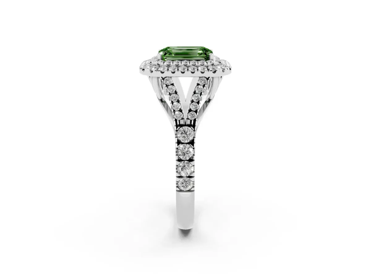 Fancy Green Emerald Cut Diamond Pavé Split Shank Double Halo Engagement Ring Silver