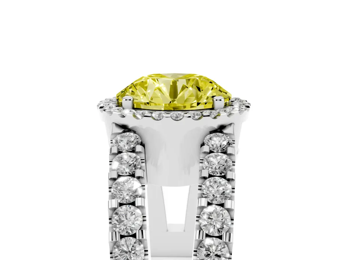 Fancy Yellow Round Cut Cut Halo Split Shank Diamond Ring with Four-Prong Setting Platinum