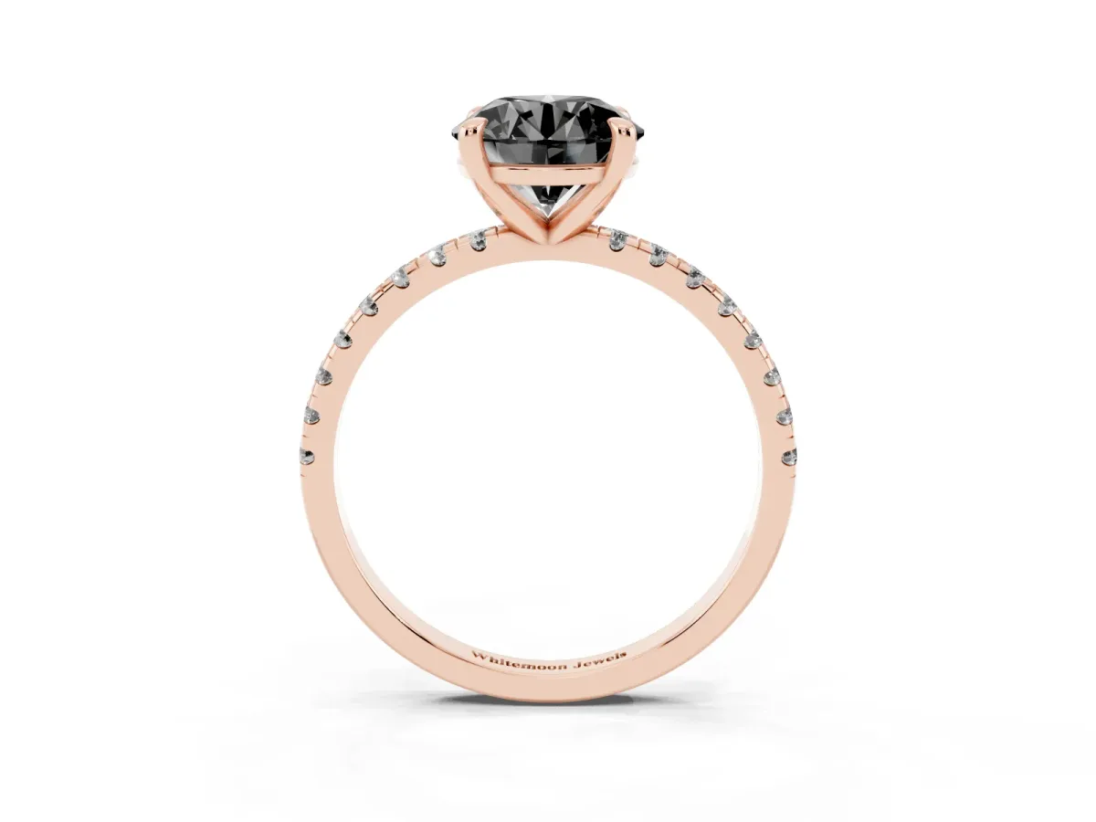 Fancy Black Round Cut Diamond Brilliant Solitaire Ring with Pavé Band and Four-Prong Setting Rose gold