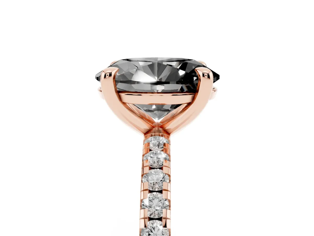 Fancy Black Oval Cut Diamond Brilliant Solitaire Ring with Pavé Band and Four-Prong Setting Rose gold