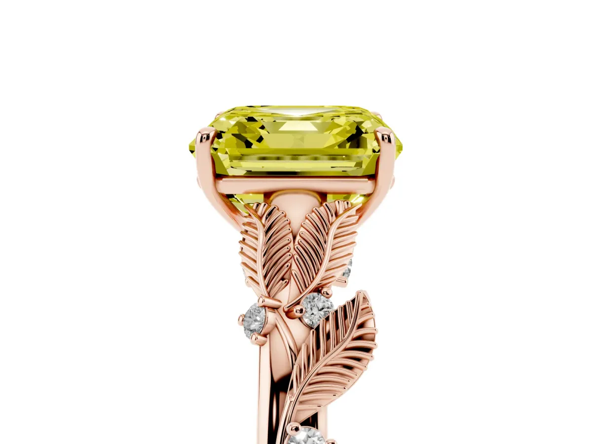 Fancy Yellow Asscher Cut Diamond Solitaire Ring with Leaf Motif Band and Four-Prong Setting Rose gold