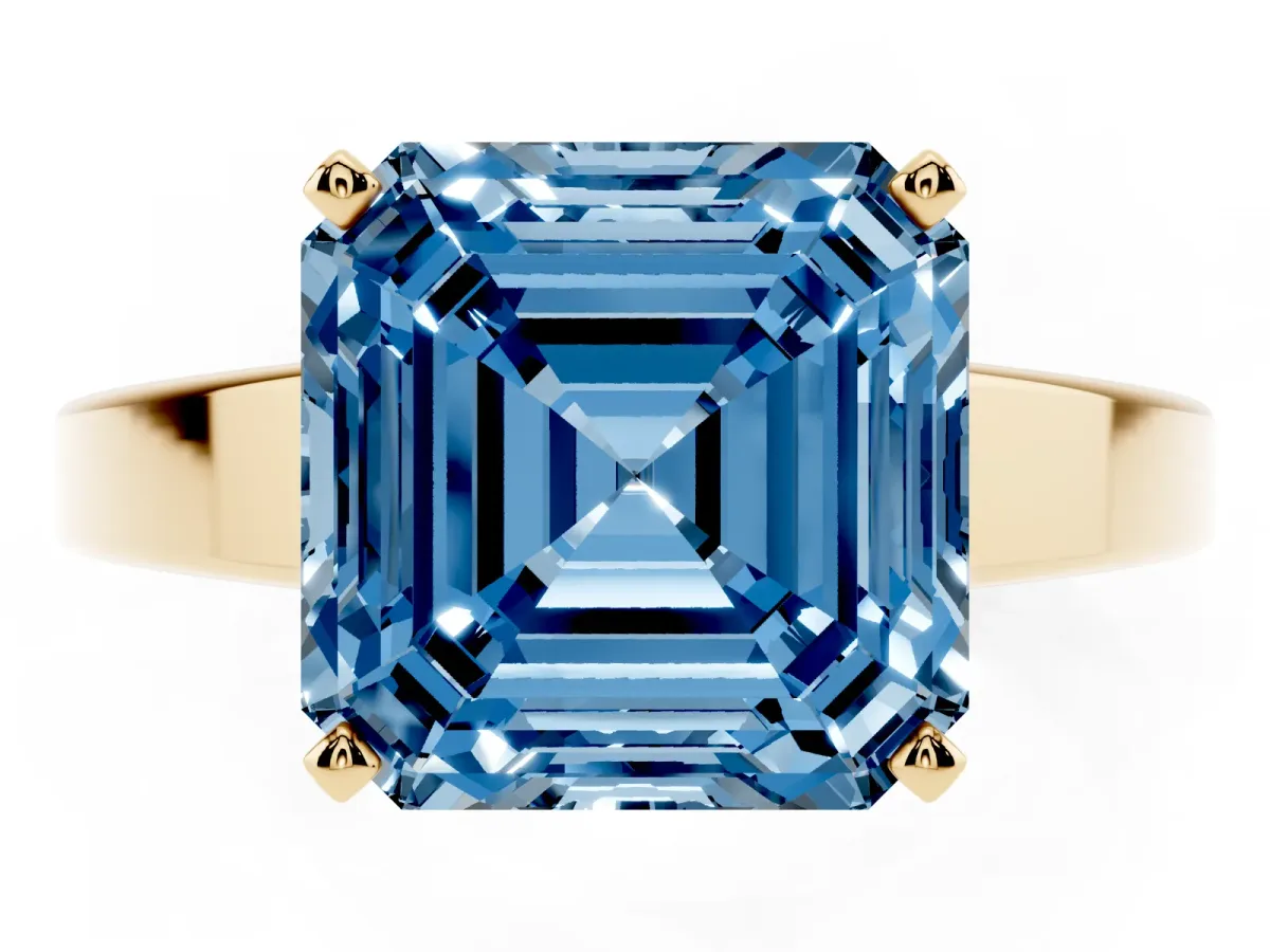 Fancy Blue Asscher Cut Solitaire Engagement Ring with Four-Prong Setting and Tapered Band Yellow gold