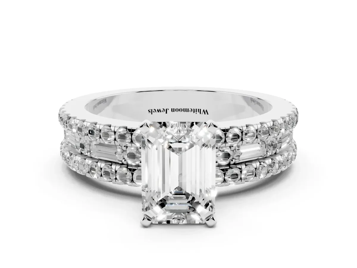 Emerald Cut Diamond Solitaire Ring with Pavé and Channel Set Band Silver