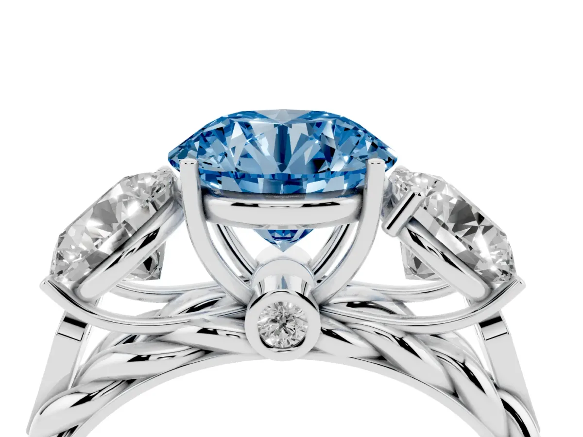 Fancy Blue Three-Stone Round Cut Diamond Braided Band Ring with Four-Prong Setting Platinum