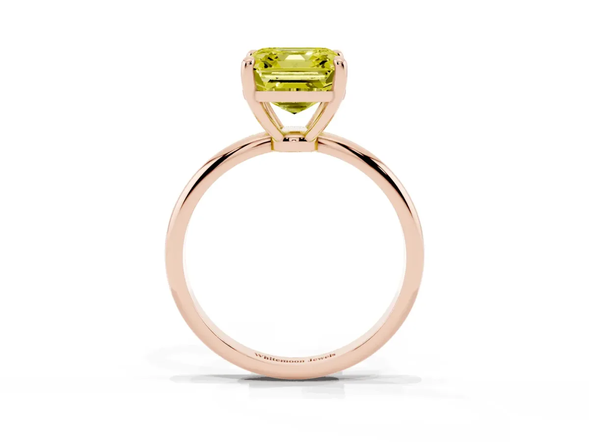 Fancy Yellow Asscher Cut Solitaire Diamond Ring with 4-Prong Setting on a Classic Band Rose gold