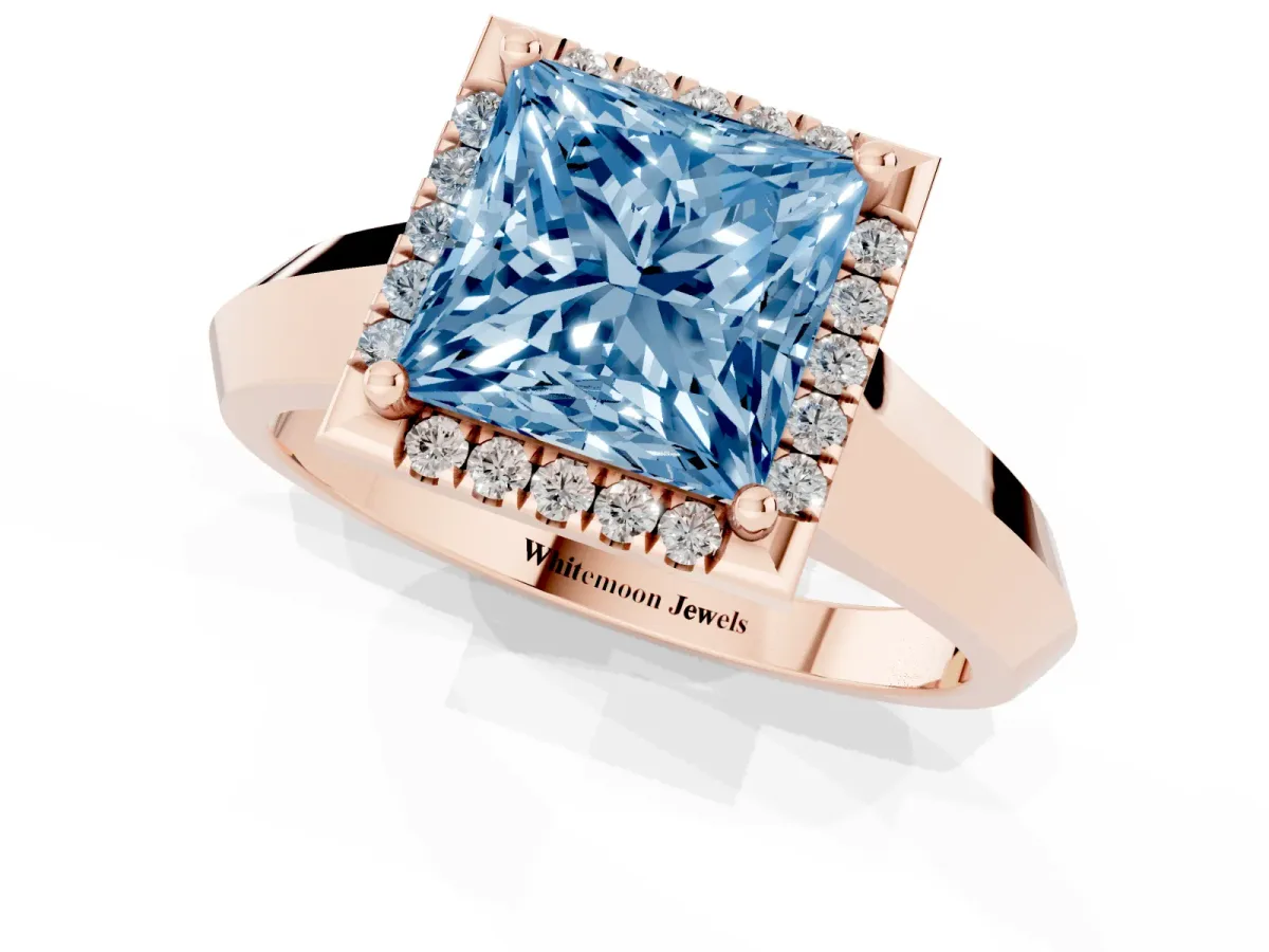 Fancy Blue Princess Cut Halo Diamond Ring with Cathedral Band and Four-Prong Setting Rose gold