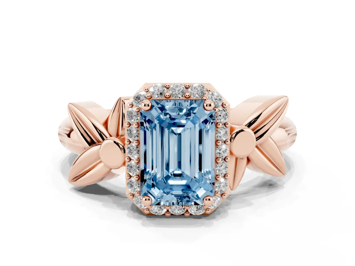 Fancy Blue Emerald Cut Halo Diamond Floral Band with Four-Prong Setting Rose gold