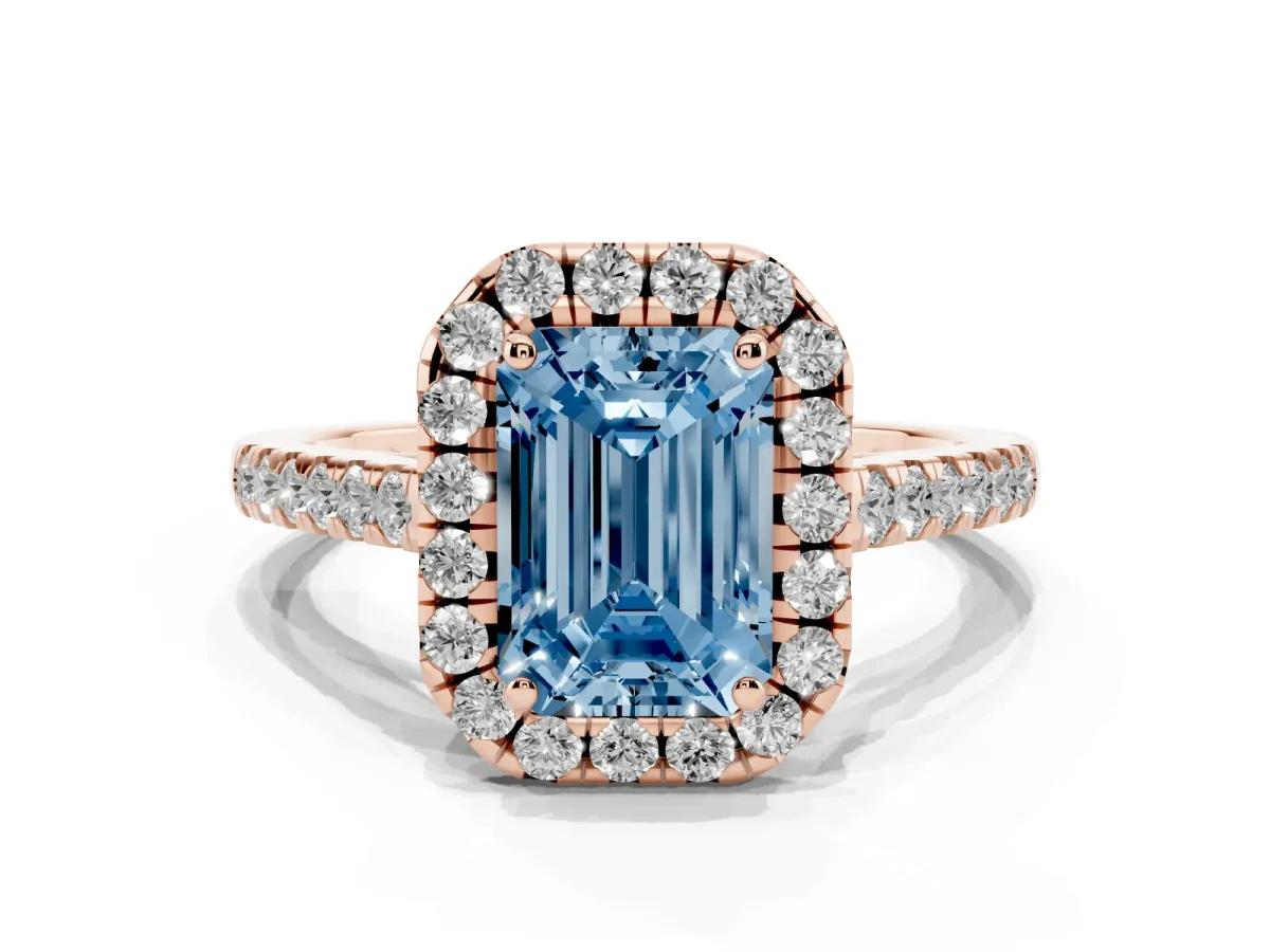 Fancy Blue Emerald Cut Halo Pave Diamond Engagement Ring with Four-Prong Setting Rose gold