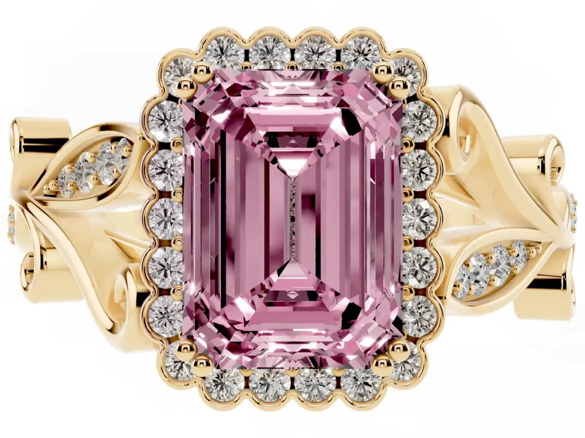 Fancy Pink Emerald Cut Diamond Halo Ring with Vintage Split Shank and Four-Prong Setting Yellow gold