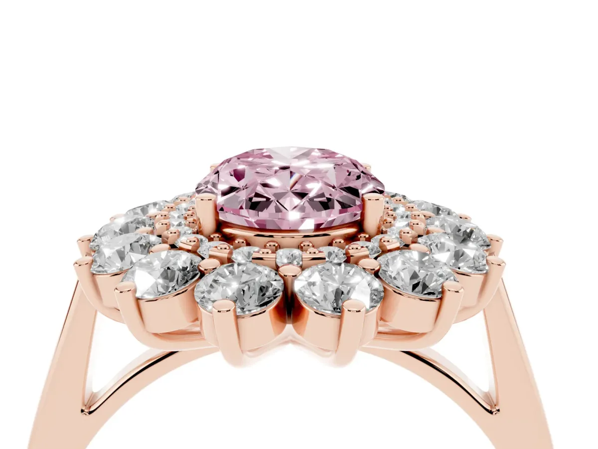 Fancy Pink Oval Cut Diamond Floral Double Halo Engagement Ring with Prong Setting Rose gold