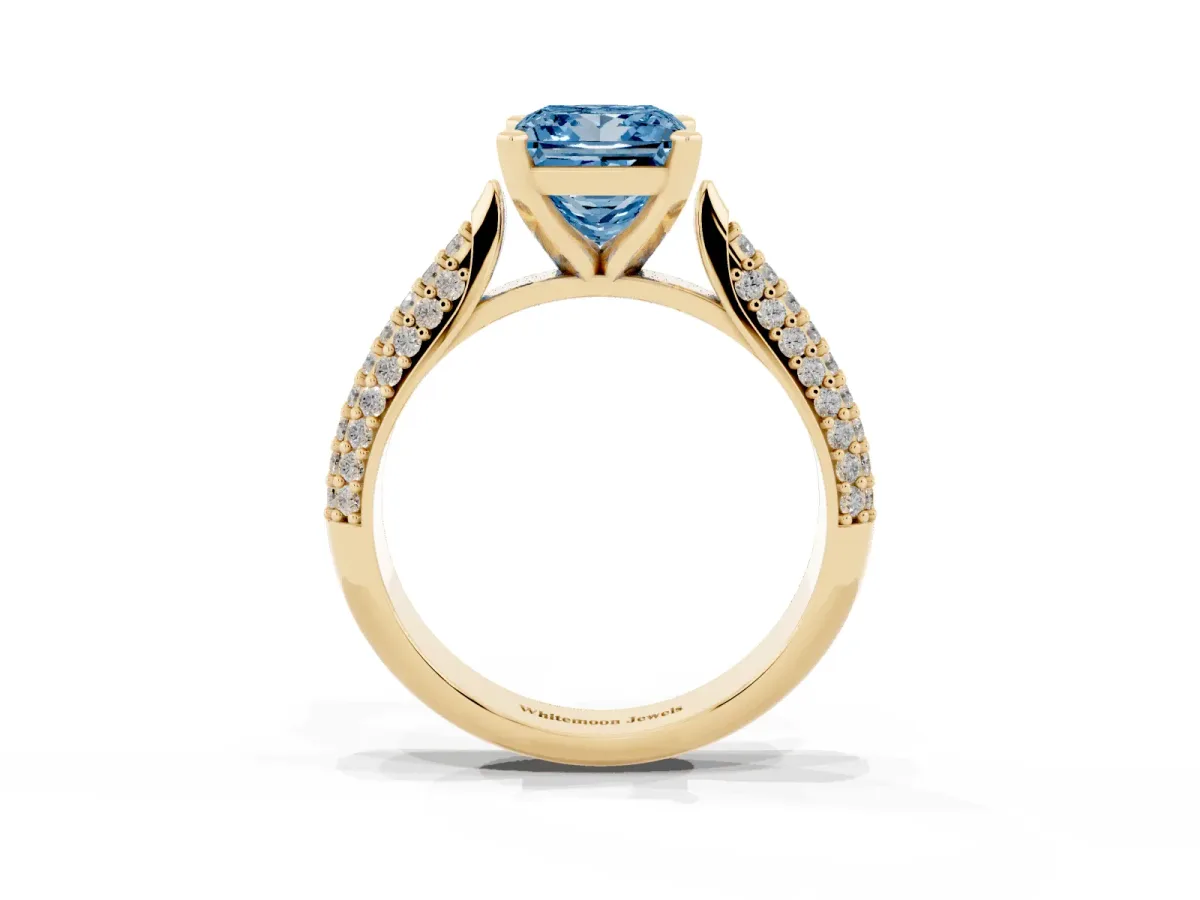 Fancy Blue Princess Cut Diamond Solitaire Engagement Ring with Multi-Row Round Pavé Band and Prong Setting Yellow gold