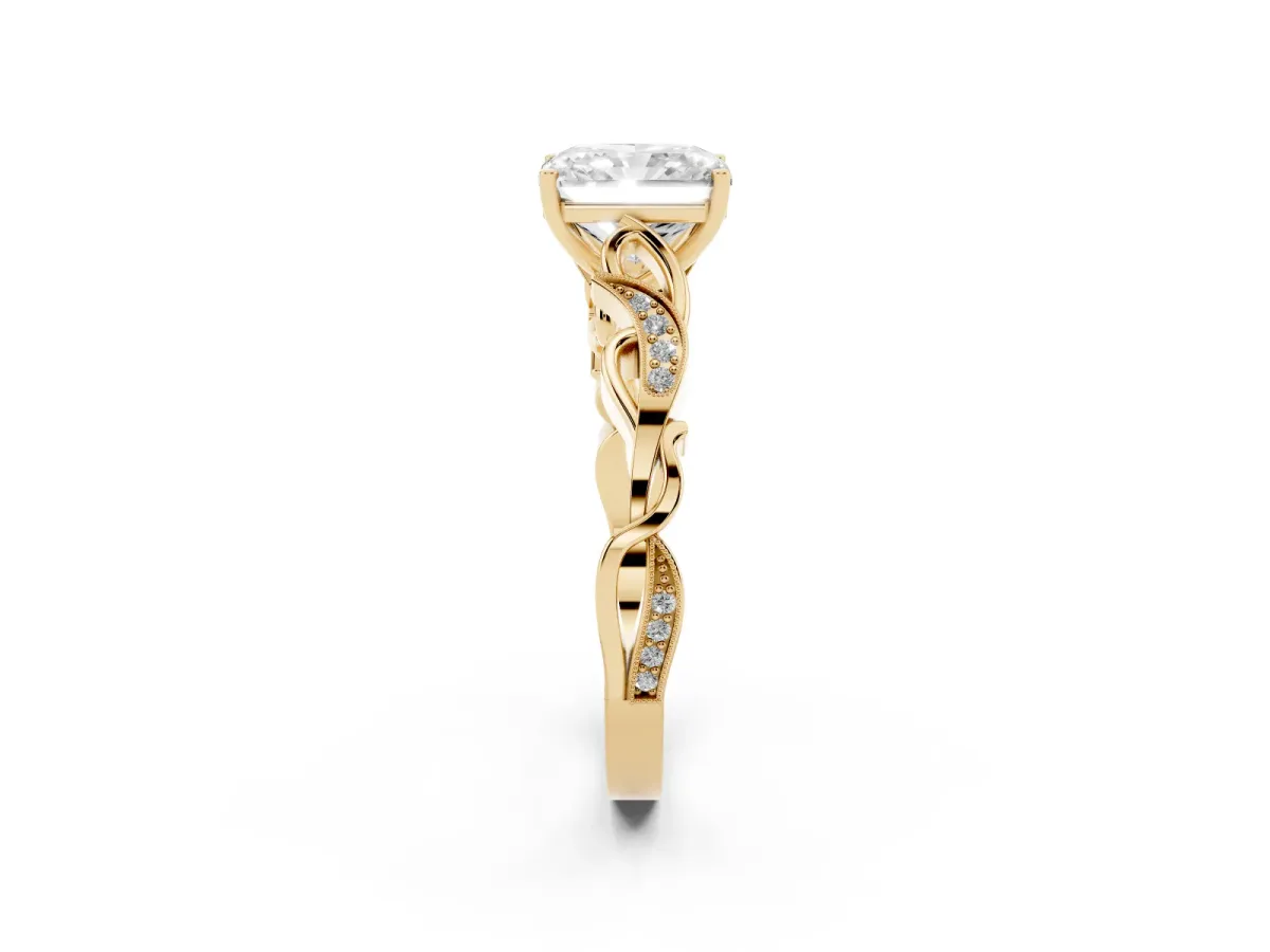 Radiant Cut Solitaire Vine Band with Milgrain Prong Setting Yellow gold