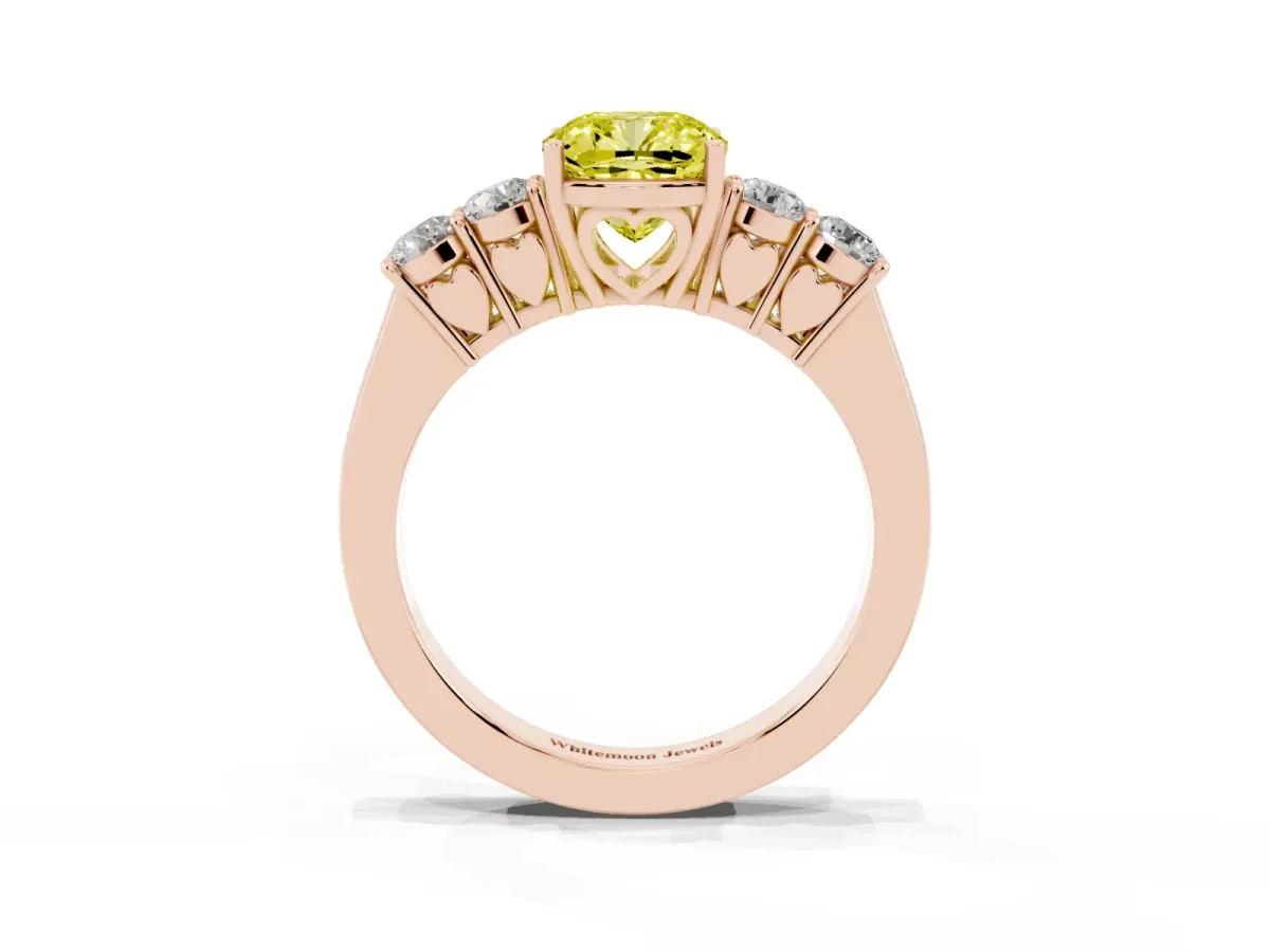 Fancy Yellow Cushion Cut Cut Diamond Five-Stone Prong Set White Gold Ring Rose gold