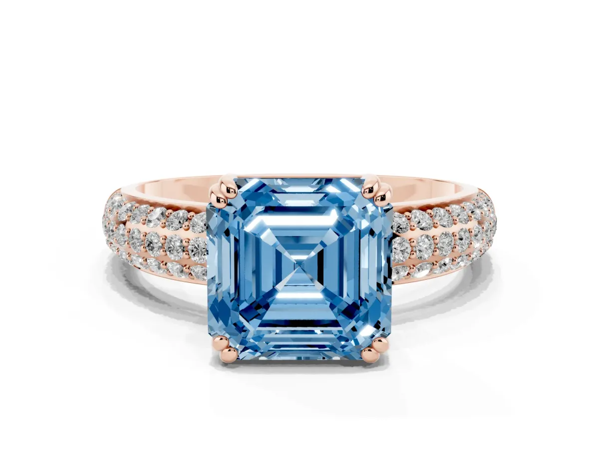 Fancy Blue Asscher Cut Diamond Solitaire Ring with Multi-Row Round Pavé Band and Prong Setting Rose gold