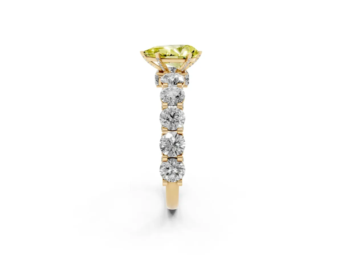 Fancy Yellow Pear Cut Diamond Side Stone Engagement Ring with Four-Prong Setting Yellow gold