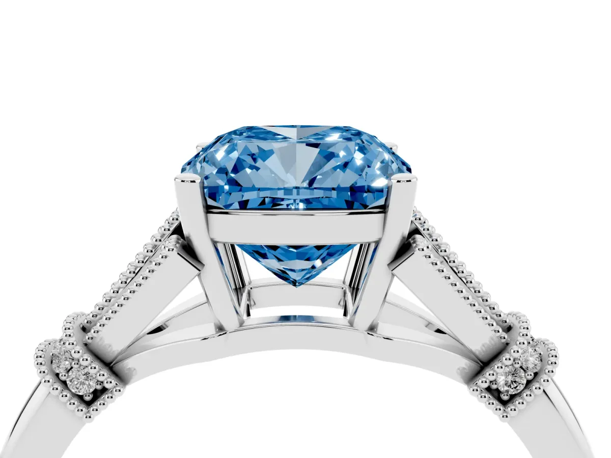 Fancy Blue Cushion Cut Diamond Solitaire Ring with Floral Filigree and Pave Accents White gold