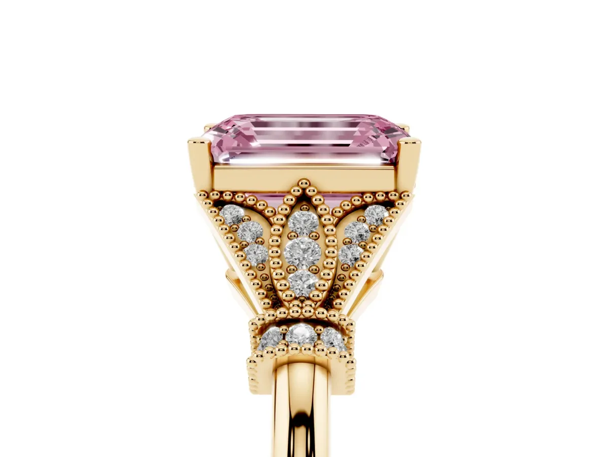 Fancy Pink Emerald Cut Diamond Solitaire Ring with Floral Filigree and Pave Accents Yellow gold