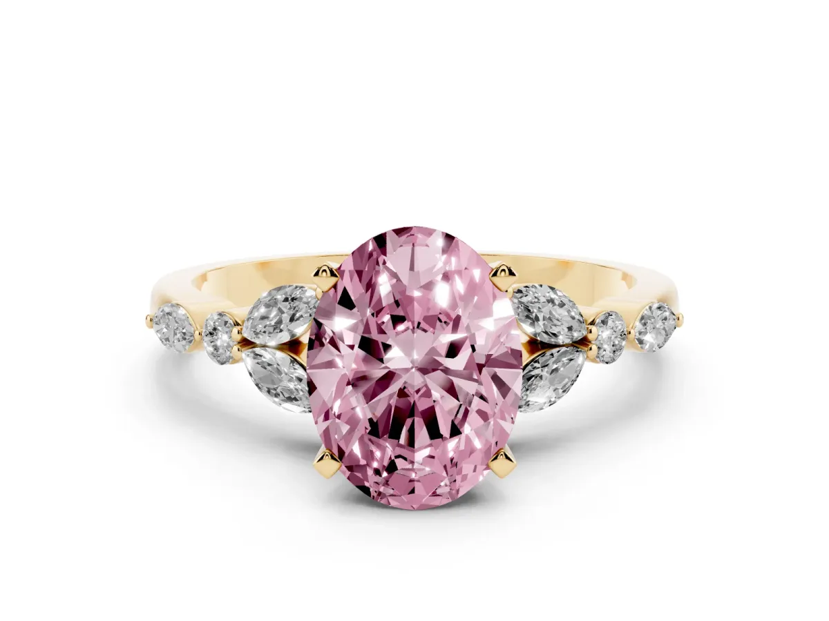 Fancy Pink Oval Cut Diamond Solitaire Ring with Side Stones and Four-Prong Setting Yellow gold