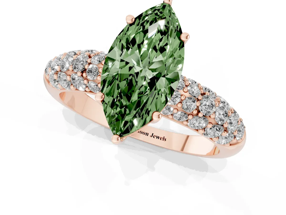 Fancy Green Marquise Cut Diamond Pavé Band Solitaire Ring with Four-Prong Setting Rose gold