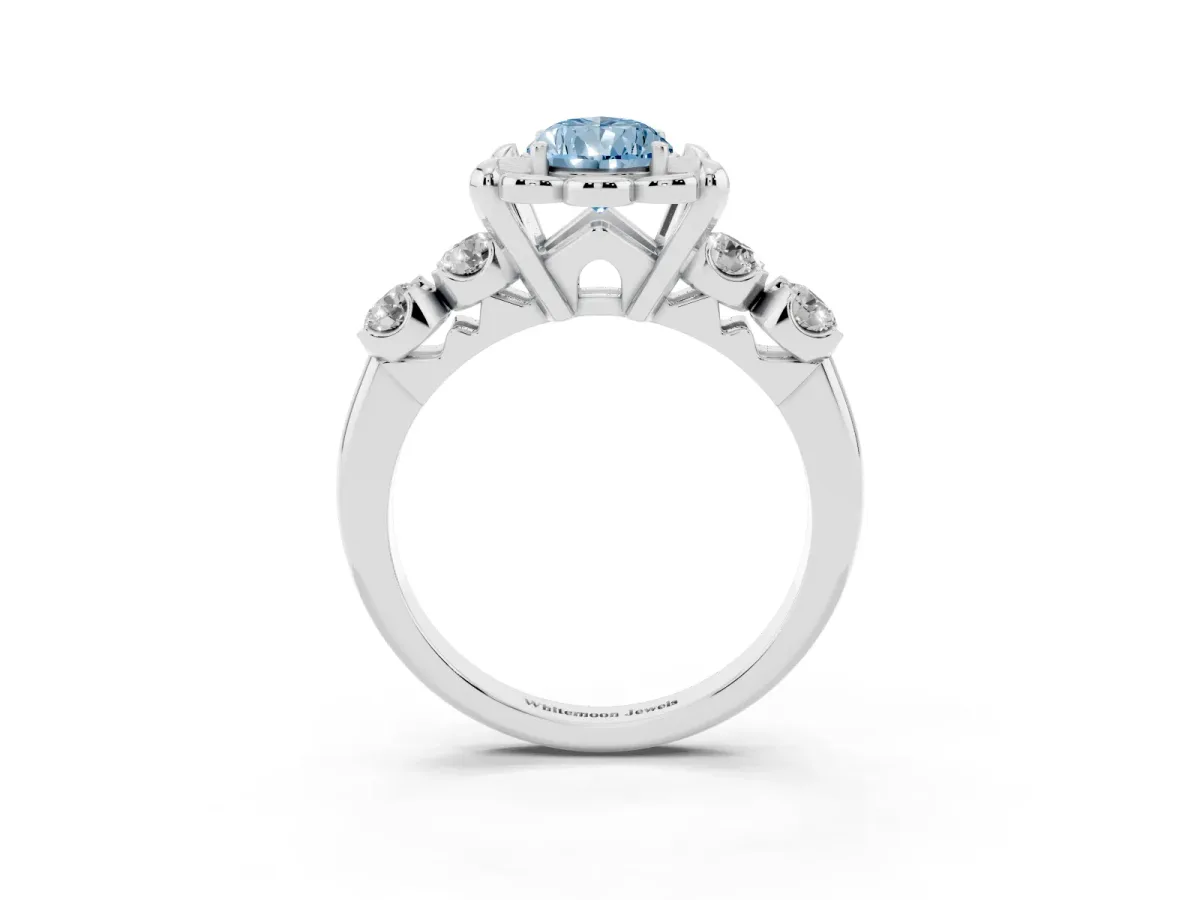 Fancy Blue Pear Cut Cut Diamond Floral Halo Engagement Ring with Shared Prong Setting Silver