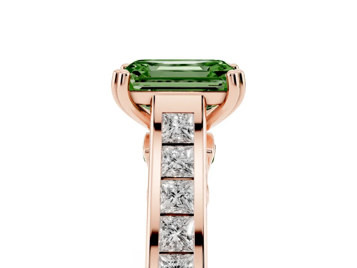 Fancy Green Emerald Cut Cut Channel Set Solitaire Engagement Ring with Prong Setting Rose gold