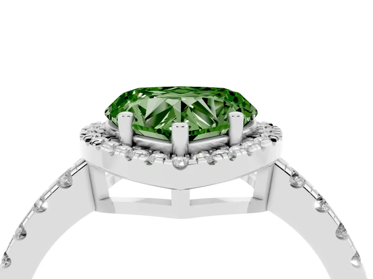 Fancy Green Heart Cut Diamond Halo Ring with Pavé Band and Four-Prong Setting Platinum