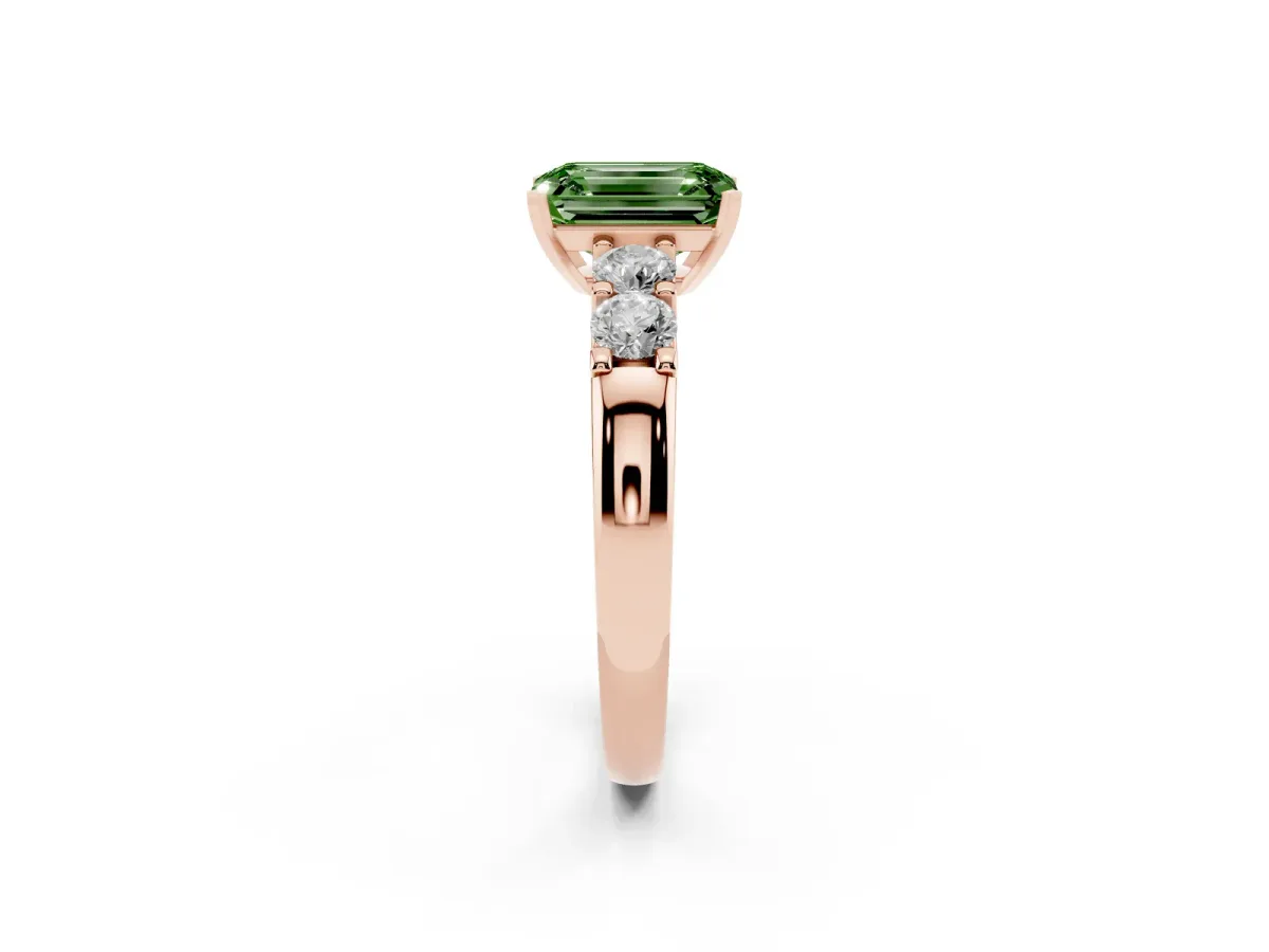 Fancy Green Emerald Cut Brilliant Cut Diamond Five-Stone Prong Set Engagement Ring with Channel Band Rose gold
