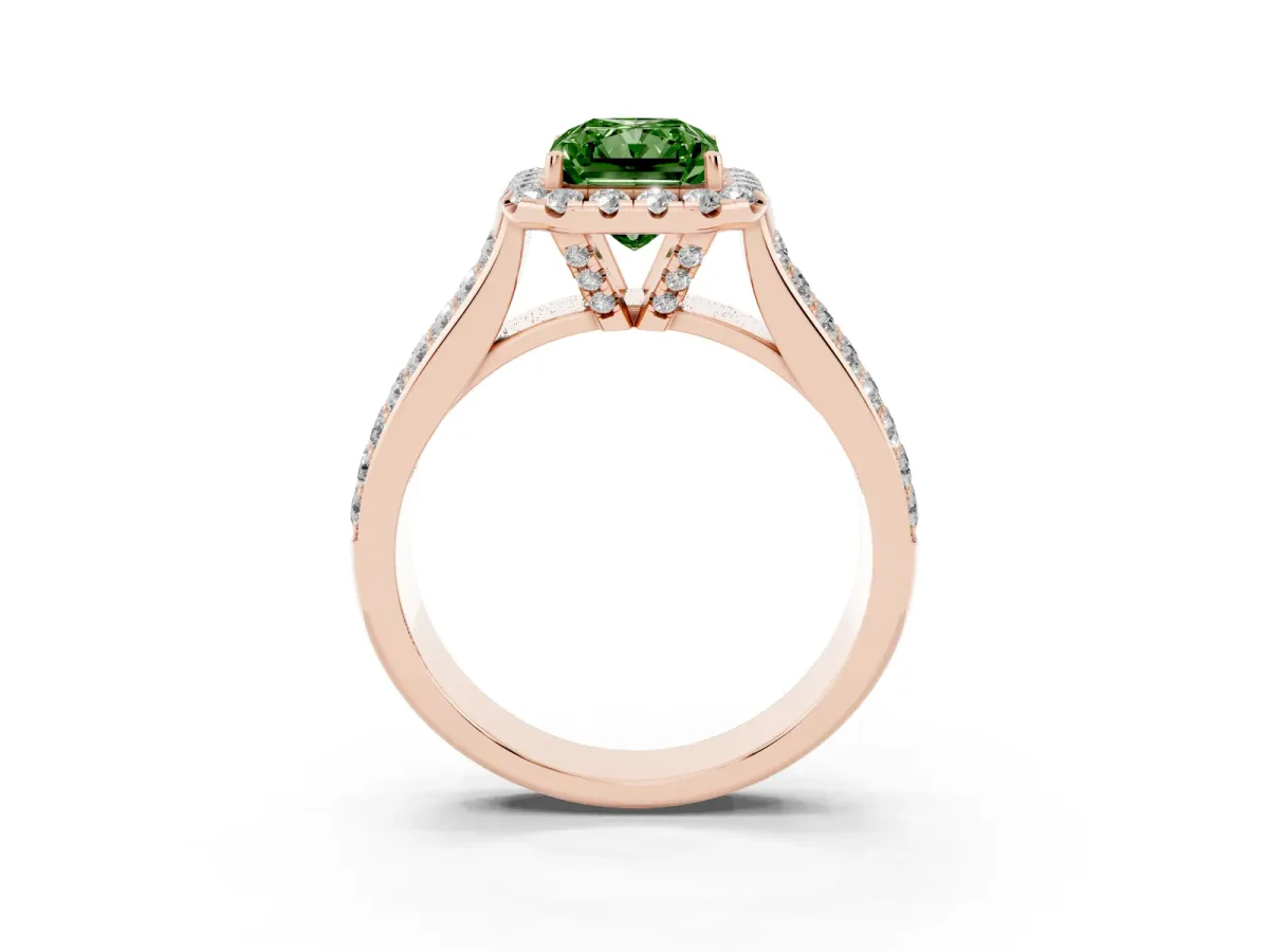 Fancy Green Radiant Cut Halo Round Diamond Pave Band with Prong Setting Rose gold