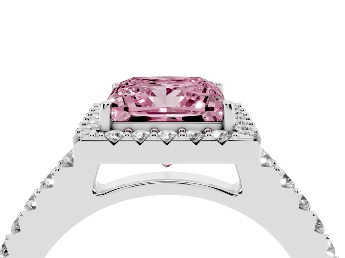 Fancy Pink Princess Cut Halo Diamond Pavé Solitaire Ring Platinum