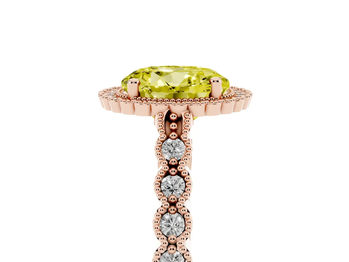 Fancy Yellow Round Cut Cut Halo Pavé Solitaire Ring with Milgrain Band Rose gold