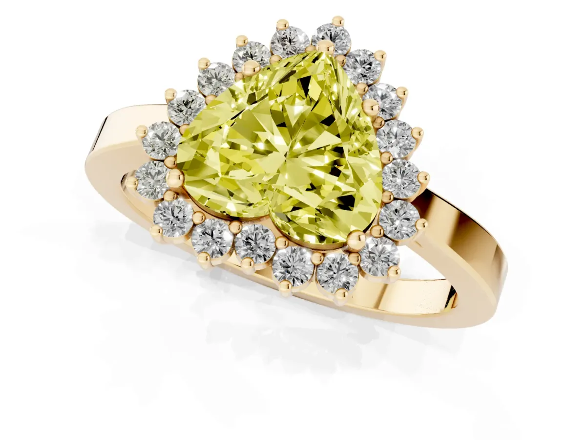 Fancy Yellow Heart Cut Cut Diamond Halo Ring with Round Brilliant Halo and Solitaire Band Yellow gold