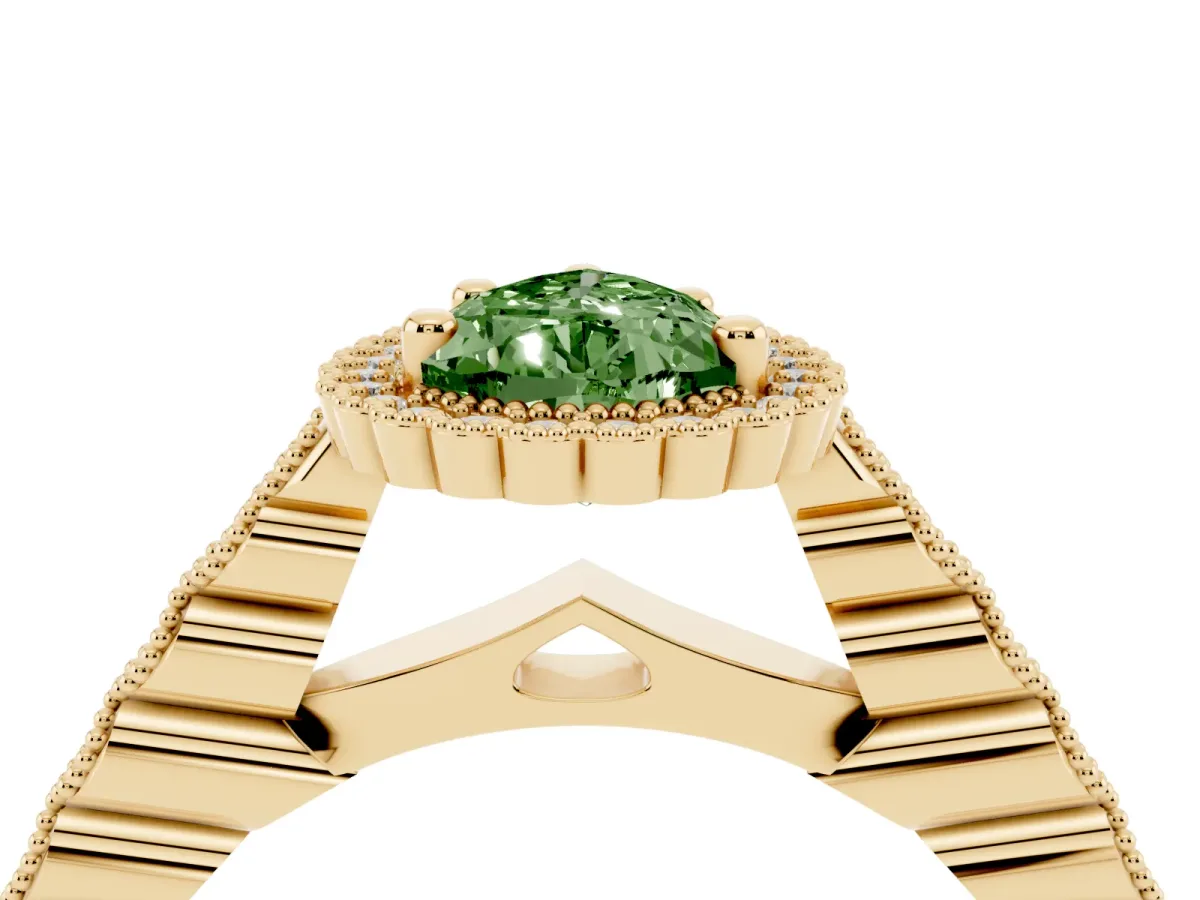 Fancy Green Pear Cut Cut Halo Pavé Solitaire Ring with Milgrain Band Yellow gold